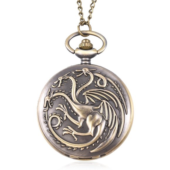 Strada Accessories - Dragon Design Pocket Watch With Iron Chain